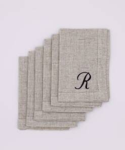 Natural Linen Hemstitched Napkins with Single Letter Monogram - Set of 6