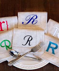 Natural Linen Hemstitched Napkins with Single Letter Monogram - Set of 6