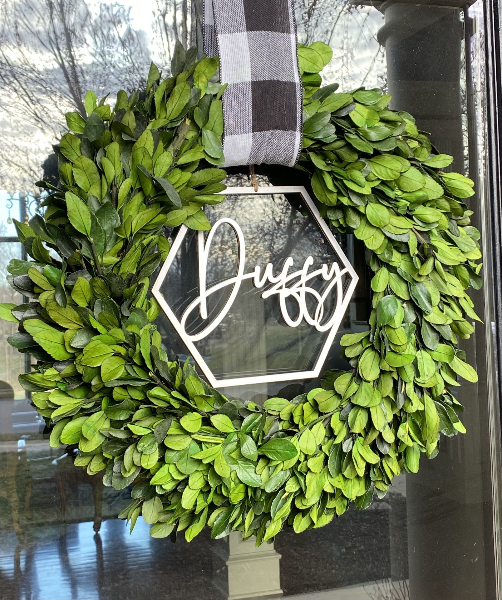 Boxwood Wreath Personalized with Wooden Name Cutout